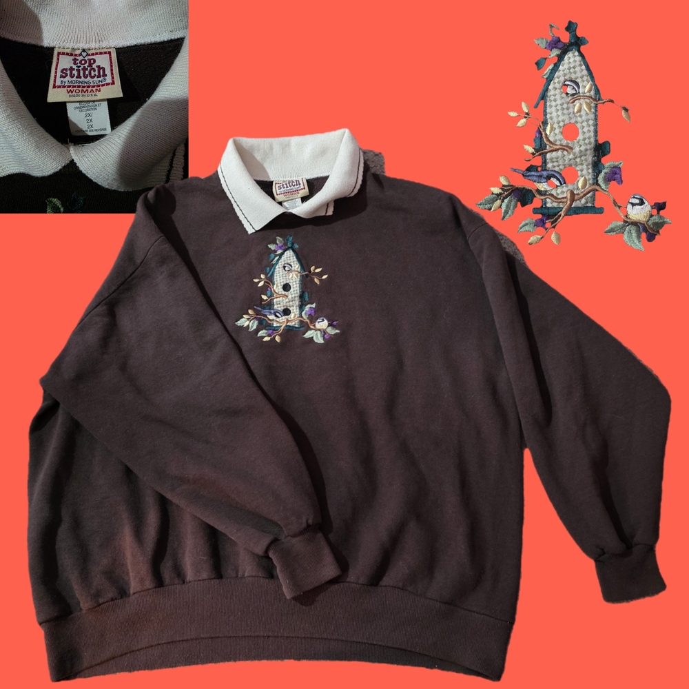 Top Stitch Brown Mock Collar Embroidered Birdhouse Sweater